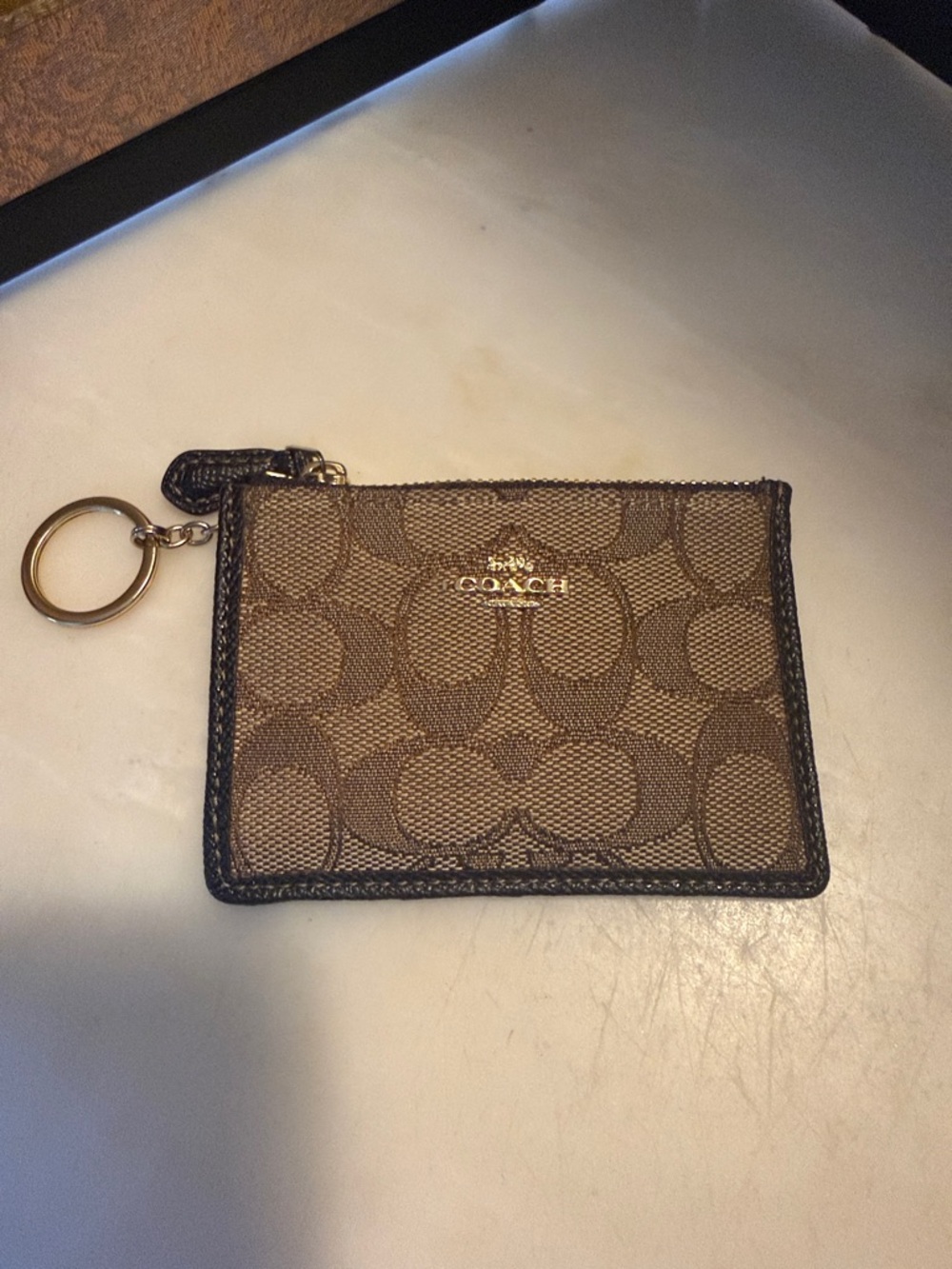 Coach Brown Signature Zip Card Case with Gold Keyring